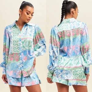 LUXXEL Long Sleeve Printed Button Down Blouse & Amalfi SHORT Set